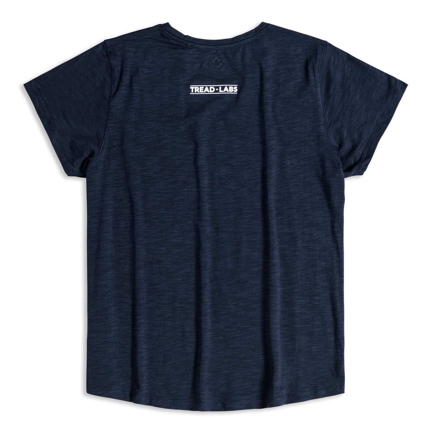 Back view of women's dark blue t-shirt with Tread Labs logo