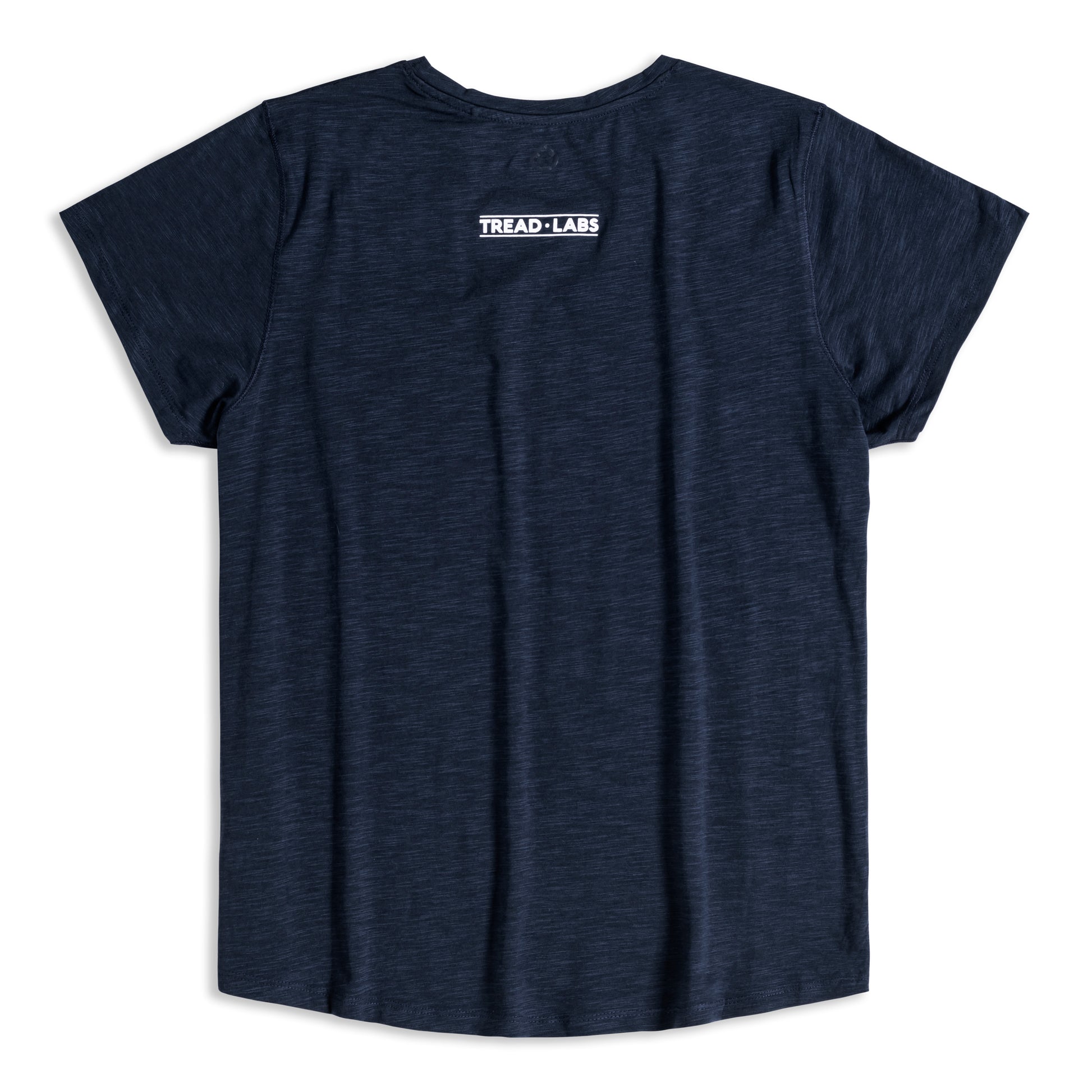 Back view of women's dark blue t-shirt with Tread Labs logo